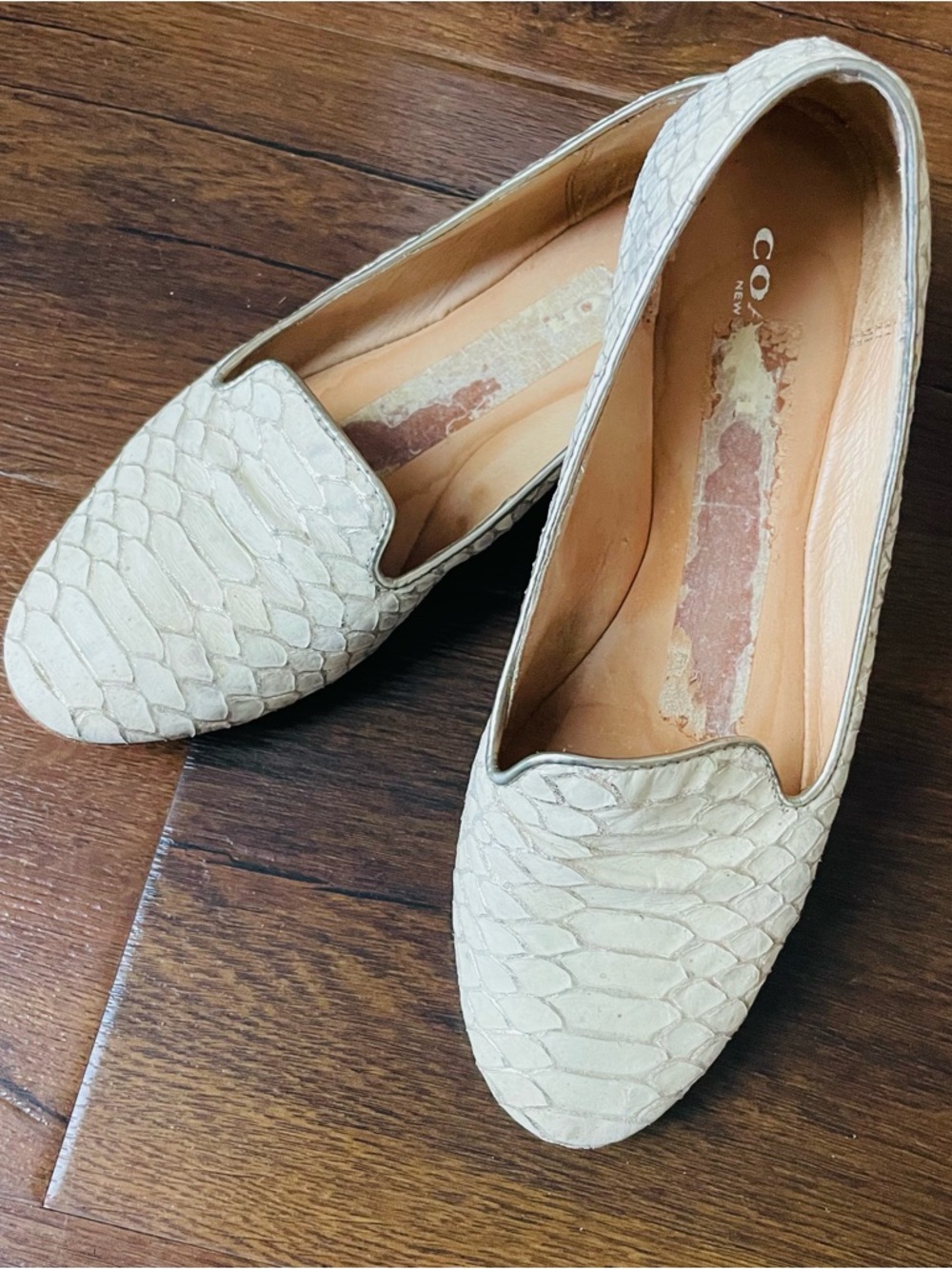 Coach Cream Snake-Embossed Leather Loafers